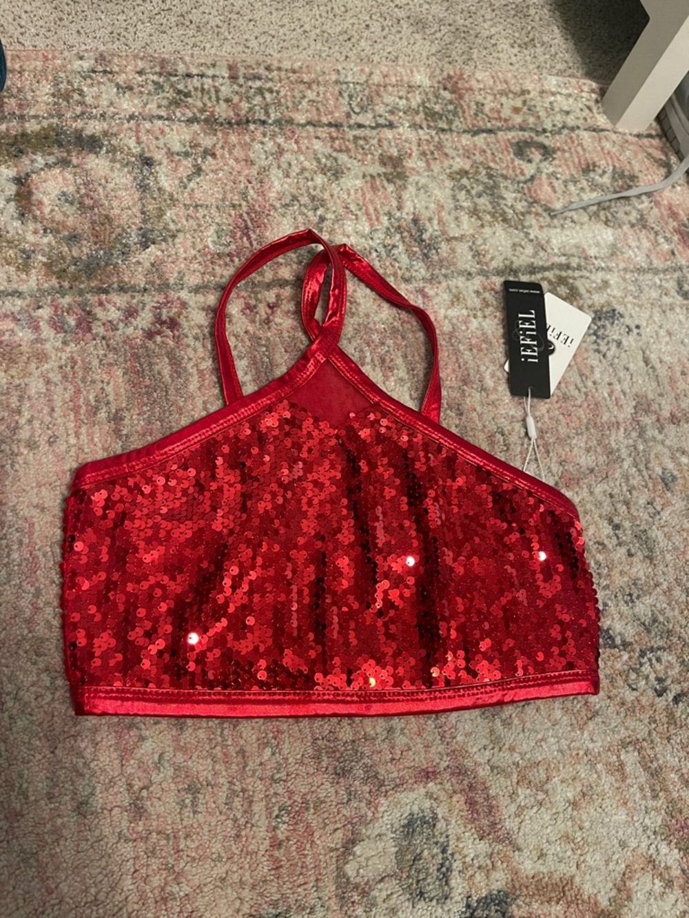 Red Sequin Halter Crop Top with Crossback Straps